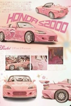 a pink car with pictures of the cars on it