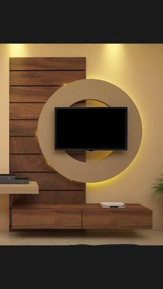 a modern living room with wood paneling and a flat screen tv mounted on the wall