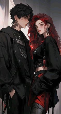 two people standing next to each other with red hair and piercings on their ears