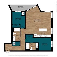 an apartment floor plan with one bedroom and two bathrooms