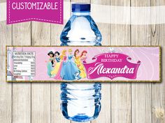 a water bottle label with princesses on it and the words happy birthday meenara