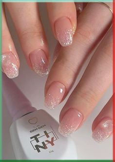 Wedding Nails For Bride Korean, Gel Nails For Engagement, Classic Glitter Nails, Glitter Ombre Manicure, Short Nail Glitter Tip, Short Round Glitter Nails, Nail Ideas For Formal, Glitter Gradation Nails, Ombre Glitter Nails Short