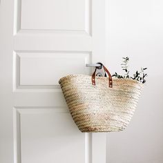 a white door with a basket hanging on the handle and a plant in front of it