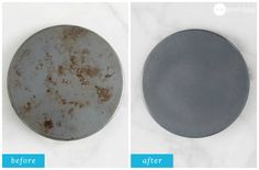 before and after photos of a dirty metal plate