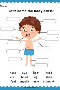 Printable: Identify the Body Parts Learning Worksheets - Tribobot Body Parts Worksheet, Body Parts For Kids, Body Parts Preschool, English Grammar For Kids, English Worksheets For Kindergarten, Grammar For Kids, English Activities For Kids, Worksheet For Kids, Learning English For Kids