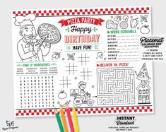 pizza party activity sheet with markers and pencils