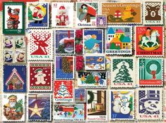 postage stamps with christmas designs on them are shown in this image, and there is no image to describe