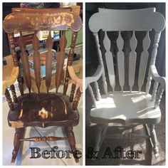 before and after photos of an old rocking chair with paint chipping on the back