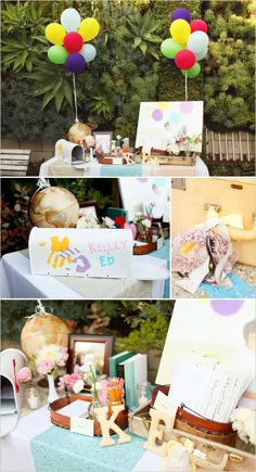 a collage of photos with balloons and other items