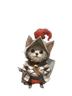 a drawing of a cat dressed as a knight with a red mohawk on his head