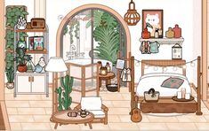 an illustrated bedroom with plants and other things on the walls, including a bed in front of a large window