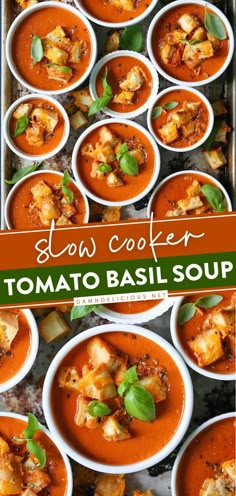 SLOW COOKER TOMATO BASIL SOUP, comfort food recipes, simple dinner recipes Clean Soups, Crockpot Tomato Soup, Slow Cooker Tomato Soup, Damn Delicious Recipes, Easy Comfort Food Dinners, Tomato Basil Soup Recipe, Basil Soup, Creamy Tomato Soup, Tomato Basil Soup