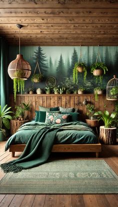 a bedroom with green bedding and plants on the headboard, along with hanging planters