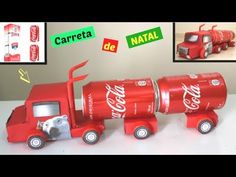 a red toy truck with coca - cola on it's back and two smaller trucks behind it