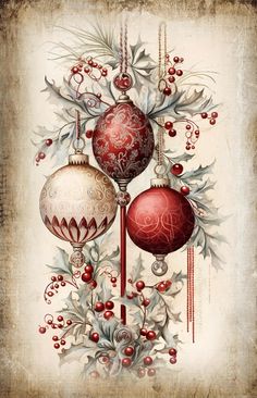 an old fashioned christmas card with ornaments hanging from it's sides and holly on the side