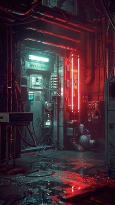 an industrial room with red lights and wires on the floor, in front of a phone booth