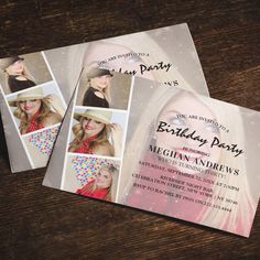 two birthday party cards with photos of women in hats and polka dotes on them