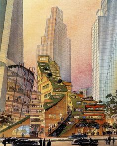 an artistic rendering of a city street with tall buildings