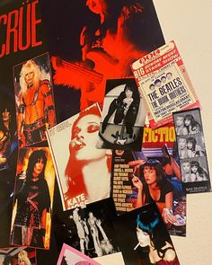 a wall covered with posters and pictures of women in different styles, sizes and colors