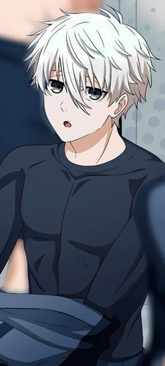 an anime boy with white hair and black shirt sitting in front of a window, staring at the camera