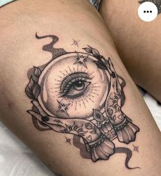 a woman's thigh with an all seeing eye tattoo on it