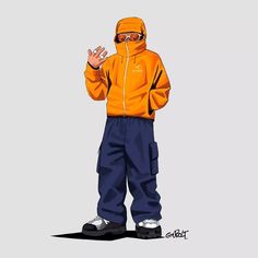 a drawing of a person wearing an orange jacket and blue pants, standing in front of a gray background