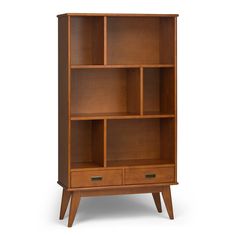 a wooden bookcase with two drawers on one side and an open drawer on the other