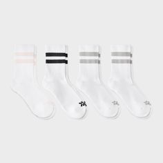 Why we're ALL IN: Four-pack of moisture-wicking crew socks help keep your feet dry while you perform or practice. All the pieces are have ventilating mesh along with arch support, zone cushioning, reinforced toe and heel for a comfortable fit you'll love. In a white color with gray, black and pink stripes, these short crew socks make a perfect pick for everyday wear or athletic activities. All in Motion™: Inspiring the potential in every body. All In Motion, Leather Vest, Shorts Athletic, Fall 2024, Socks And Hosiery, Pink Stripes, Crew Socks, Leopard Print, Everyday Wear