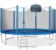 a blue and white trampoline with a basketball hoop