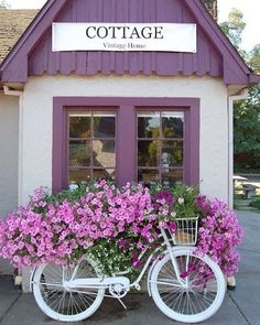 a white bicycle with flowers in the basket parked next to a purple building that says cottage