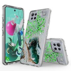 the back and side view of an iphone case with green glitter on it's sides