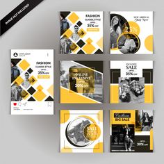 a set of yellow and black square brochure templates with photos on them