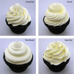 four pictures of cupcakes with white frosting on top and below the icing