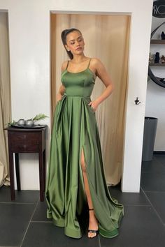 Sexy Spaghetti Straps Backless Ruffles Side Split A-Line Prom Dress With Pockets | Babyonlinedress UK Green Prom Dress Long, Prom Dresses With Pockets, Spaghetti Strap Prom Dress, Custom Prom Dress, Gown Plus Size, Prom Dresses Sleeveless, Prom Dresses Online, Green Prom Dress, Stretch Satin