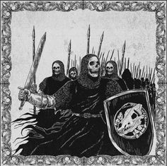 a black and white drawing of three men holding swords with skulls on them, in front of