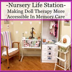 a baby's room with a dresser, crib and rocking chair in it