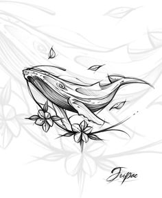 a drawing of a whale with leaves and flowers