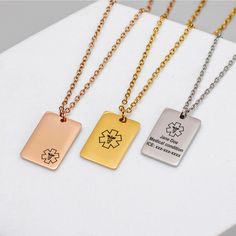 Are you looking for a practical yet elegant way to display your medical information? Our Custom Engraved Stainless Steel Medical ID Necklace is the perfect solution! This beautiful necklace not only adds a touch of style to your wardrobe but also provides vital information that can be crucial in an emergency. Designed with both safety and aesthetics in mind, it's a must-have for anyone with medical conditions. NECKLACE DETAILS Pendant Length: 0.86" Pendant width: 0.59" Necklace Weight: 0.28 oz Necklace Length: 17.7" Material: 316 Stainless Steel  Colors: gold, rose gold and silver  You have 2 sides available for engraving with 15 characters max on each side.  Why You Need This Custom Medical ID Necklace: ❤️ Life-Saving Information: Ensure that your medical conditions, allergies, or emergen Medication List, Medical Alert Necklace, Medical Bracelet, Engraved Stainless Steel, Medical Alert, Medical Information, Beautiful Necklace, Medical Conditions, Practical Gifts