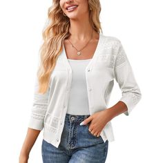 Introducing our Women's 3/4 Sleeve Sweater Shrugs, a stylish and versatile addition to your wardrobe! This cropped sweater cardigan features a charming crochet design, complete with button-down details and ribbed cuffs for a refined touch. Crafted from a high-quality blend of 80% viscose and 20% nylon, it offers a lightweight feel that allows for comfortable wear throughout the seasons. The unique birdeye knit detail adds a sophisticated texture, making it perfect for layering over your favorite Crochet Cropped Sweater, Shrunken Sweater, Textured Knit Sweater, Effortless Outfit, Cropped Cardigan Sweater, Textured Sweater, Sweater White, Womens Crewneck, Shrug Sweater