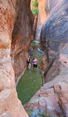 two people are wading through a narrow canyon