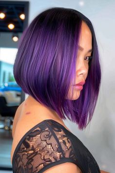 Straight stacked bob with purple balayage, featuring sleek lines and vibrant color Purple Balayage, Hair Makeover, Rich Purple