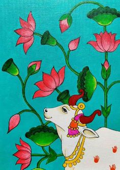 a painting of a cow and flowers on a blue background