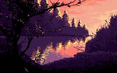 an image of the sun setting over a lake with trees and bushes in front of it