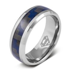 a superman ring with blue carbon and silver inlaying the center, on a white background