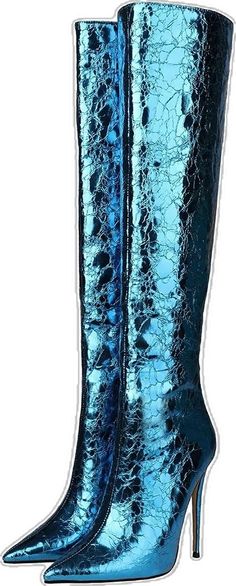 Fitted Light Blue Party Boots, Trendy Blue Evening Boots, Light Blue Party Boots For Fall, Blue Boots For Spring Night Out, Blue Boots For Night Out In Spring, Metallic Blue, Heeled Boots, Foil, Heel Height