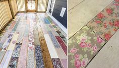 two pictures side by side, one with wood and the other with patchwork flooring