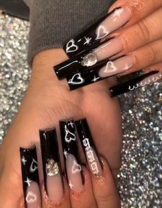 Baddie Nails Acrylic Pink And Black, Acrylic Nails Square Long Baddie, Nail Inspo Coffin Charms, Black Hello Kitty Nails Long, Nail Ideas Y2k Long Black, Black Nails Acrylic With Rhinestones, Nail Ideas Black And Pink, Chicana Nails Designs, Y2k Nails Brown