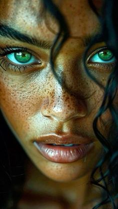 a woman with freckled skin and green eyes