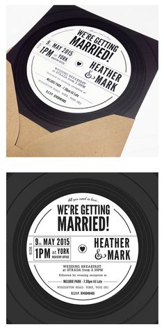 two black and white records with the words we're getting married printed on them