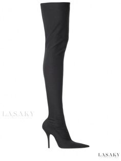 Luxurious Thigh Boots with Elastic Knee Panel Sleek Fitted Knee-high Boots, Sleek High Shaft Fitted Heeled Boots, Sleek High Shaft Heeled Boots, Sleek Fitted High Shaft Heeled Boots, Elegant Black Over-the-knee Bottoms, Fitted Pointed Toe Knee-high Boots For Club, Black High Shaft Fitted Boots, Fitted Pointed Toe Knee-high Club Boots, Fitted Thigh-high Boots For Club